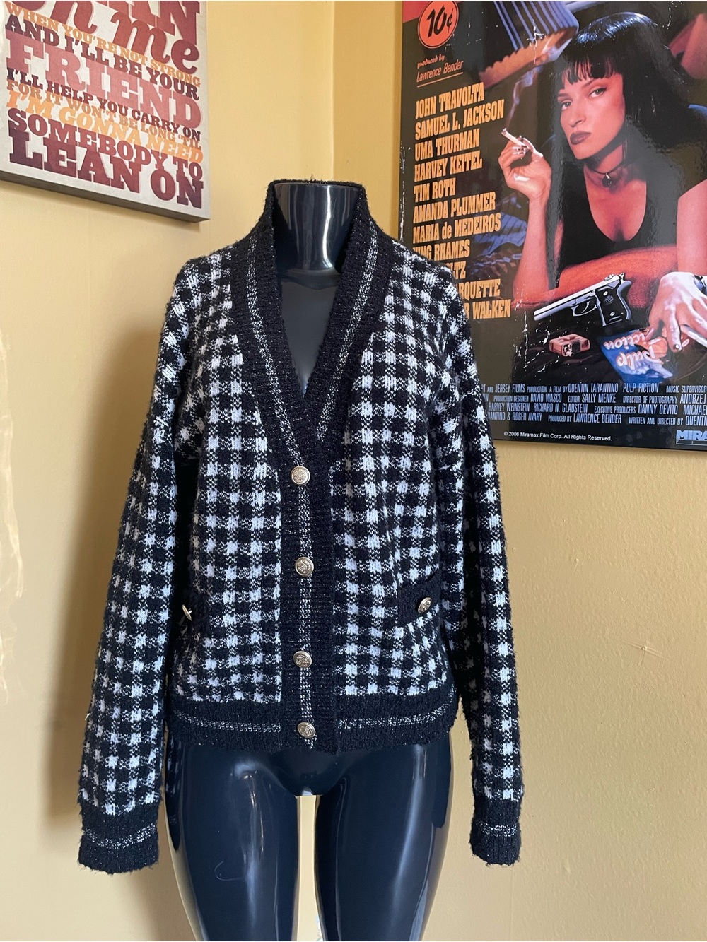 Black & White Houndstooth Button-Front  Cardigan ( Medium )